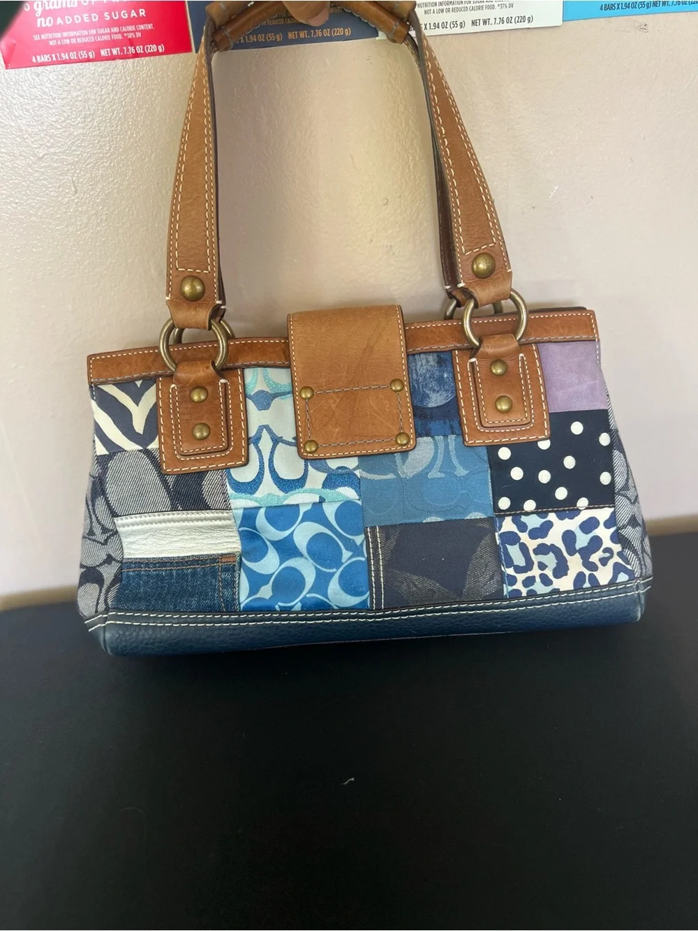Coach Blue Patchwork Shoulder Bag with Brown Leather Trim